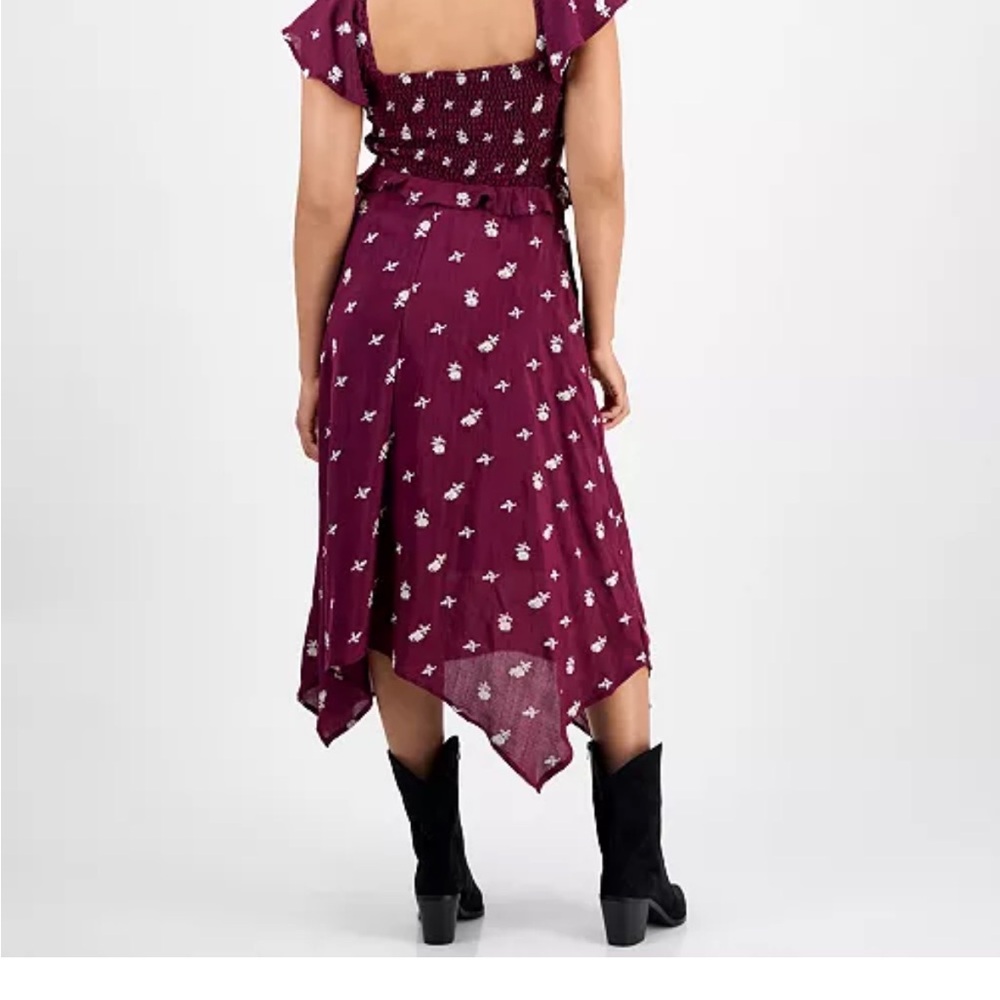 Embroidered Handkerchief-Hem Midi Dress - Wine Color - Picture 2 of 3